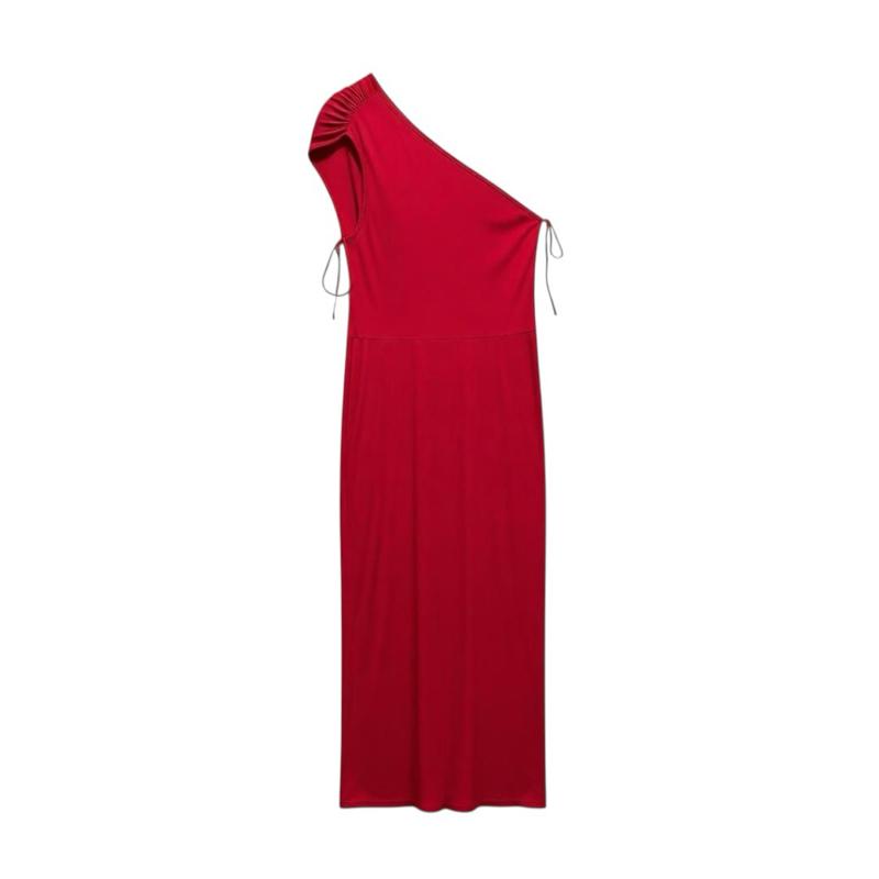 Dress Merah Maxi Plus Size Saiz Besar Size 2XL Bust 48" One Shoulder Extra Long dengan Ruched Detailing dan Slit Tinggi