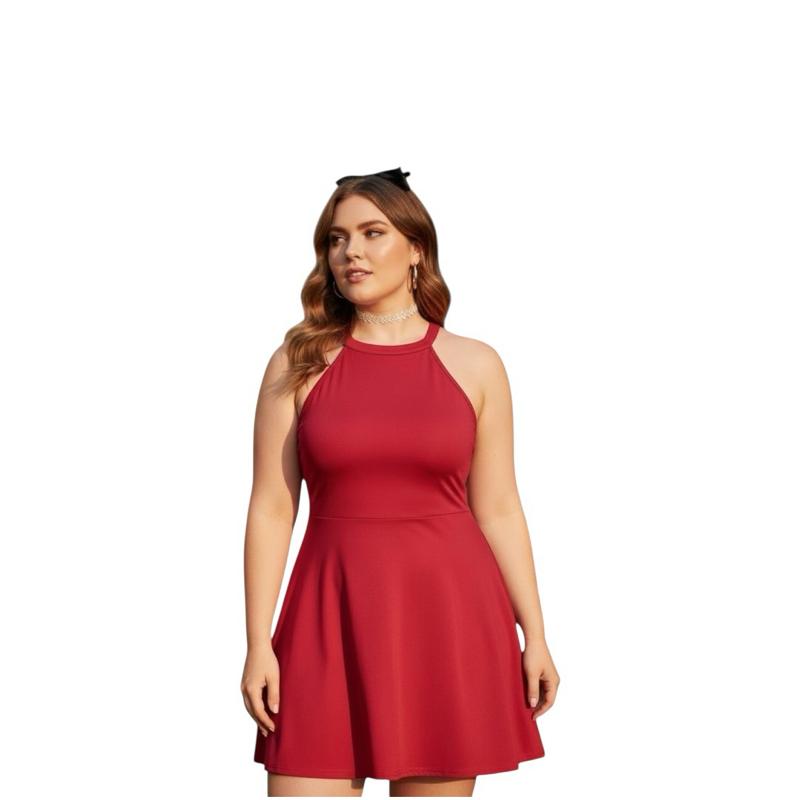 Red Halter Neck A-Line Dress plus size