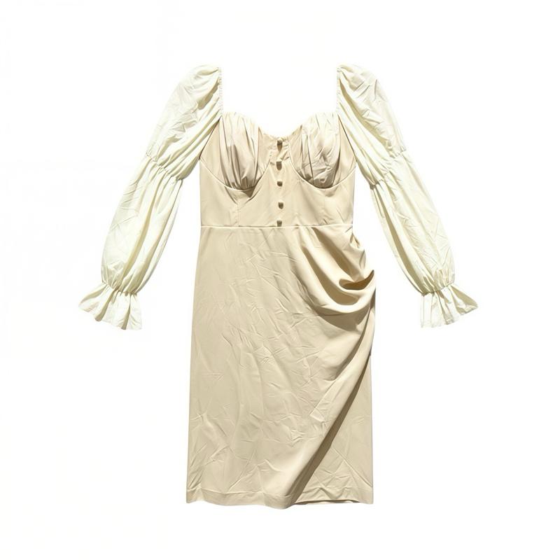 Dress Cream Plus Size Puff Sleeve Ruched Elegant Viral