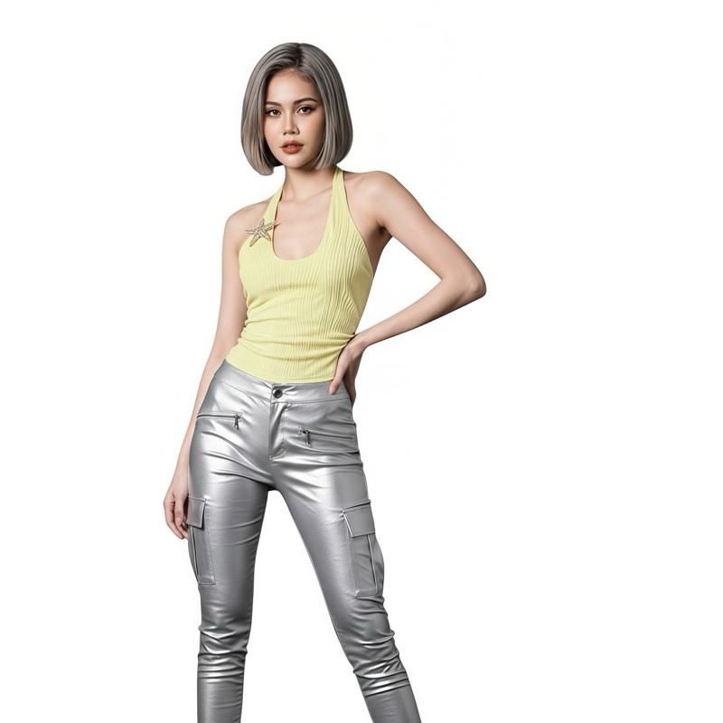 Yellow Ribbed Halter Top with Stretch | Back Tie
