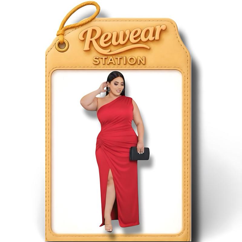 Dress Merah Maxi Plus Size Saiz Besar Size 2XL Bust 48" One Shoulder Extra Long dengan Ruched Detailing dan Slit Tinggi