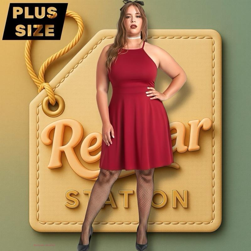 Red Halter Neck A-Line Dress plus size
