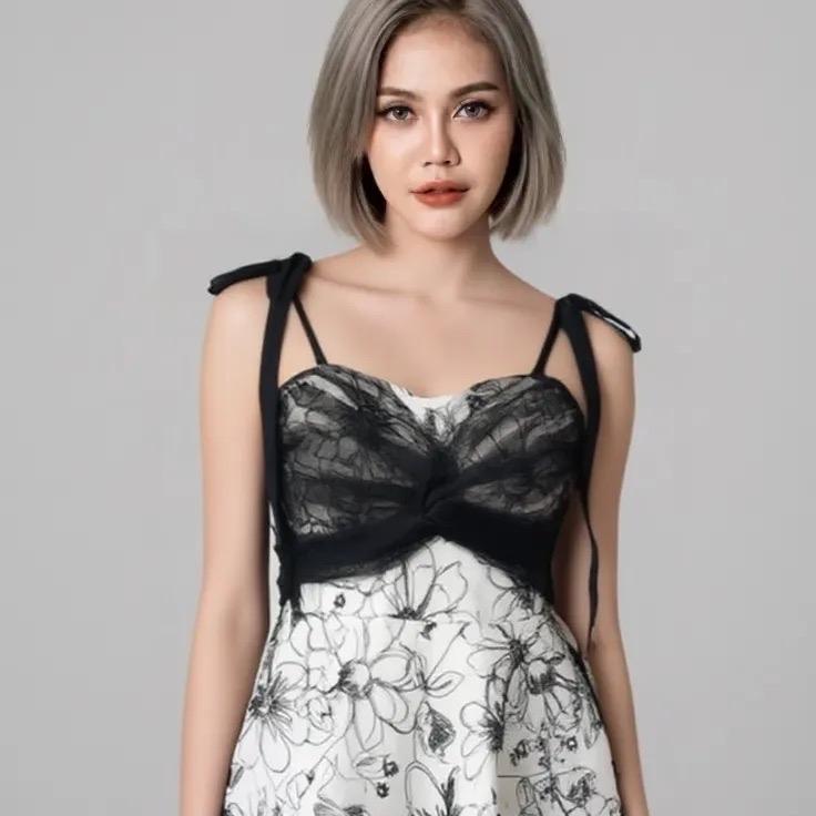 "Rewear Station Vintage Floral Mini Dress Ready Stock Malaysia Ribbon Strap Dress Baju Wanita Cantik"