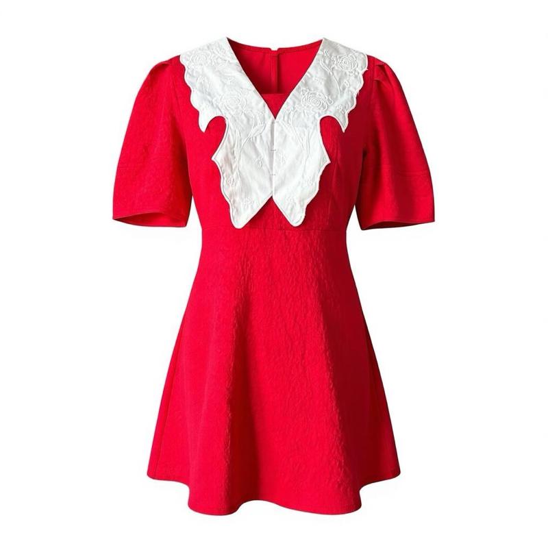 Vintage Red Dress with White Lace Collar | Elegant Short Sleeve Midi Dress | Dinner Dress Malaysia | Baju Merah Lace | Size L | Ready Stock MY