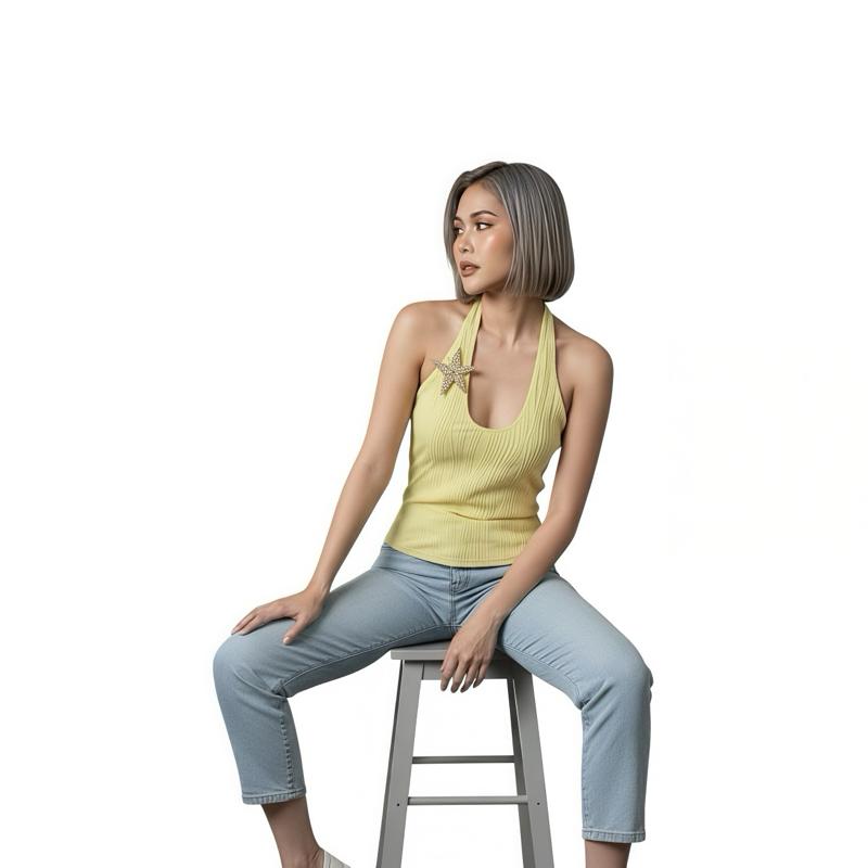 Yellow Ribbed Halter Top with Stretch | Back Tie